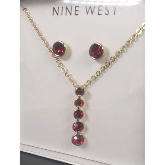 Nine West Jewelry Dark Red/Garnet Rhinestone Necklace and Earrings Set - Picture 5 of 7